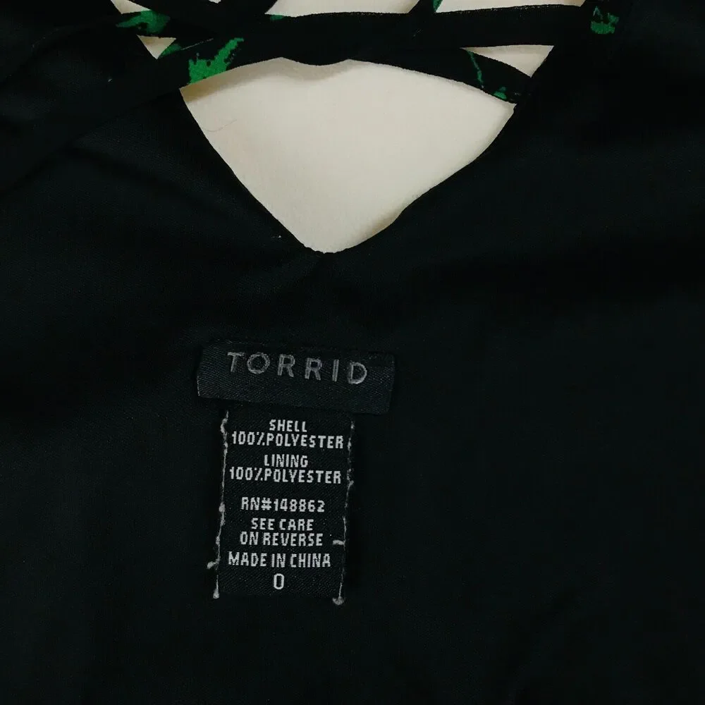 Torrid Women's 0 (Large) Blouse Black Green Floral Print Chiffon Crossback CM28